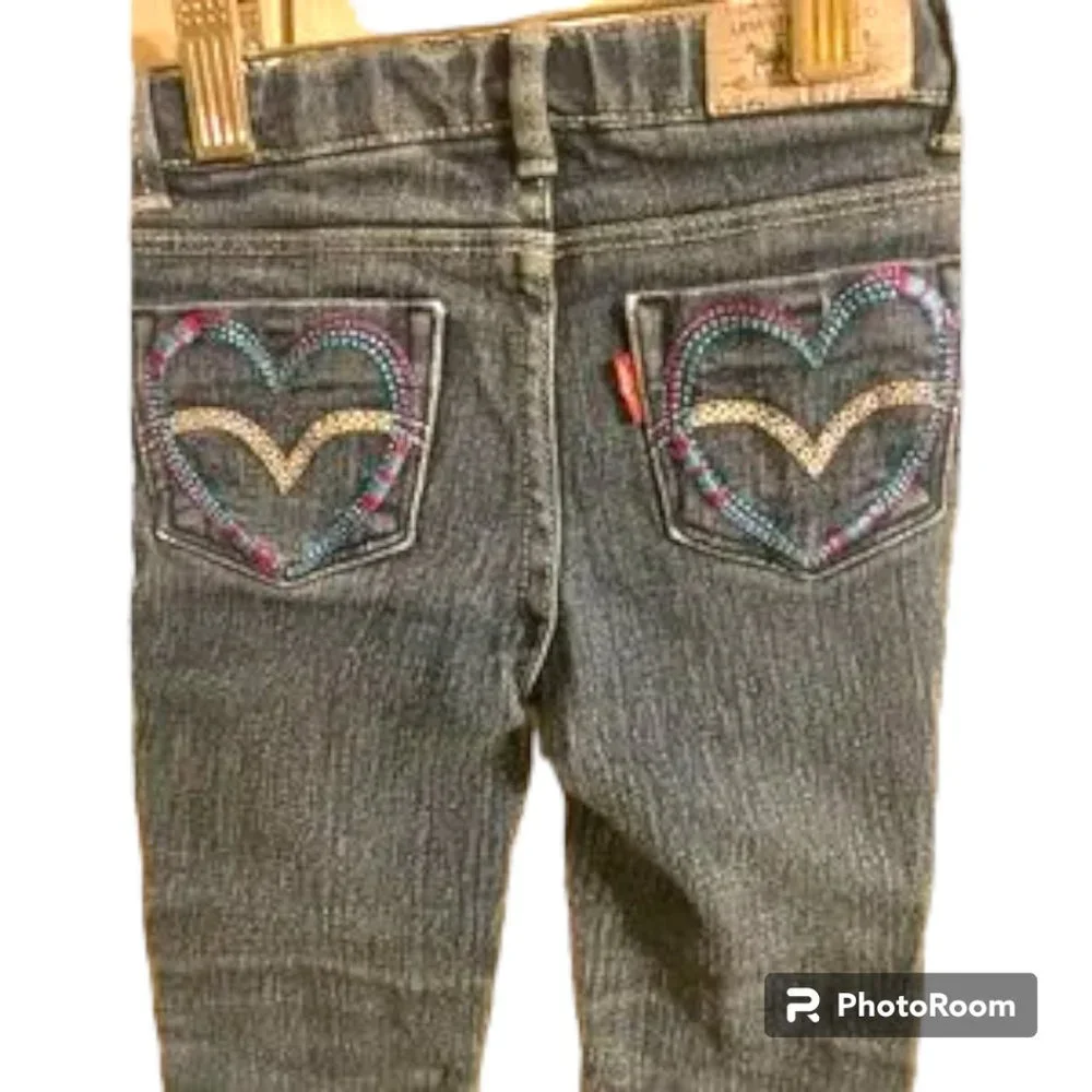 Levi's Girl's blue jeans with gems‎ and embroidered hearts Adjustable Waist 3T
